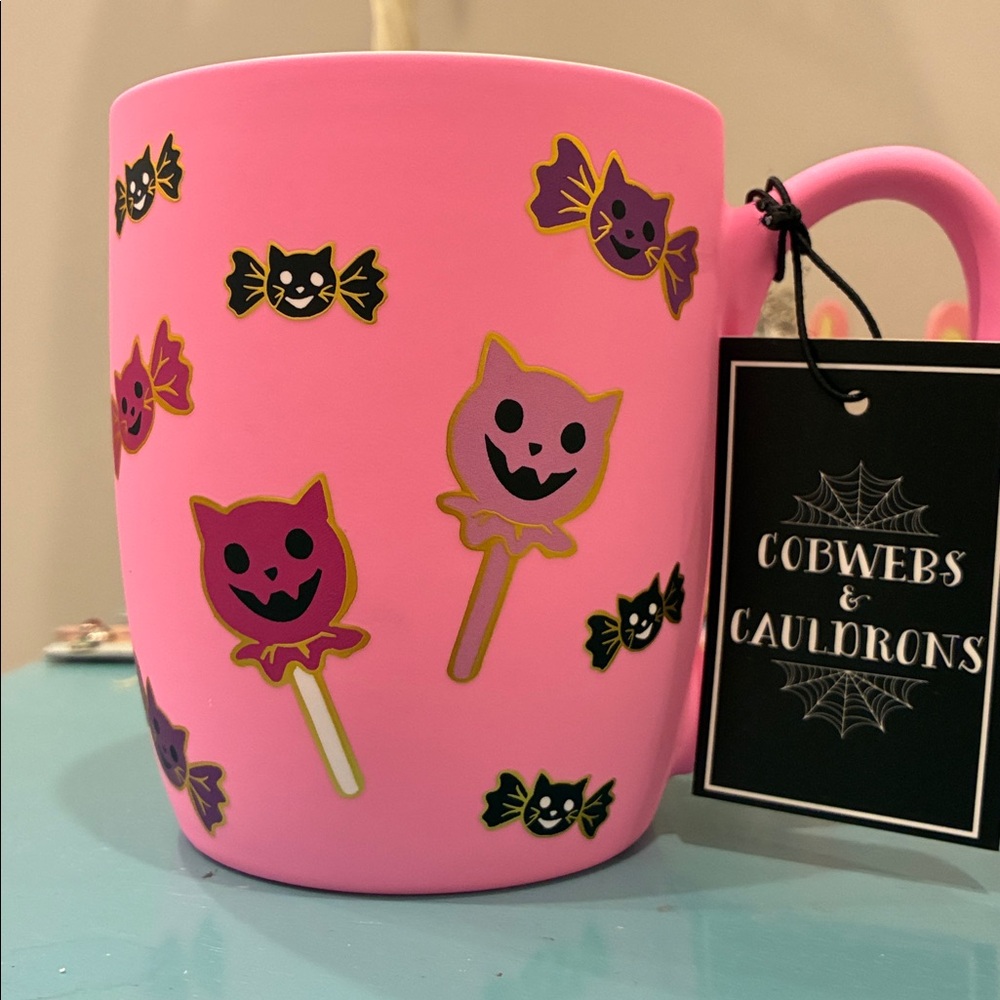 Lavendar Bright Pink Halloween Mug with Cat and Candy Design